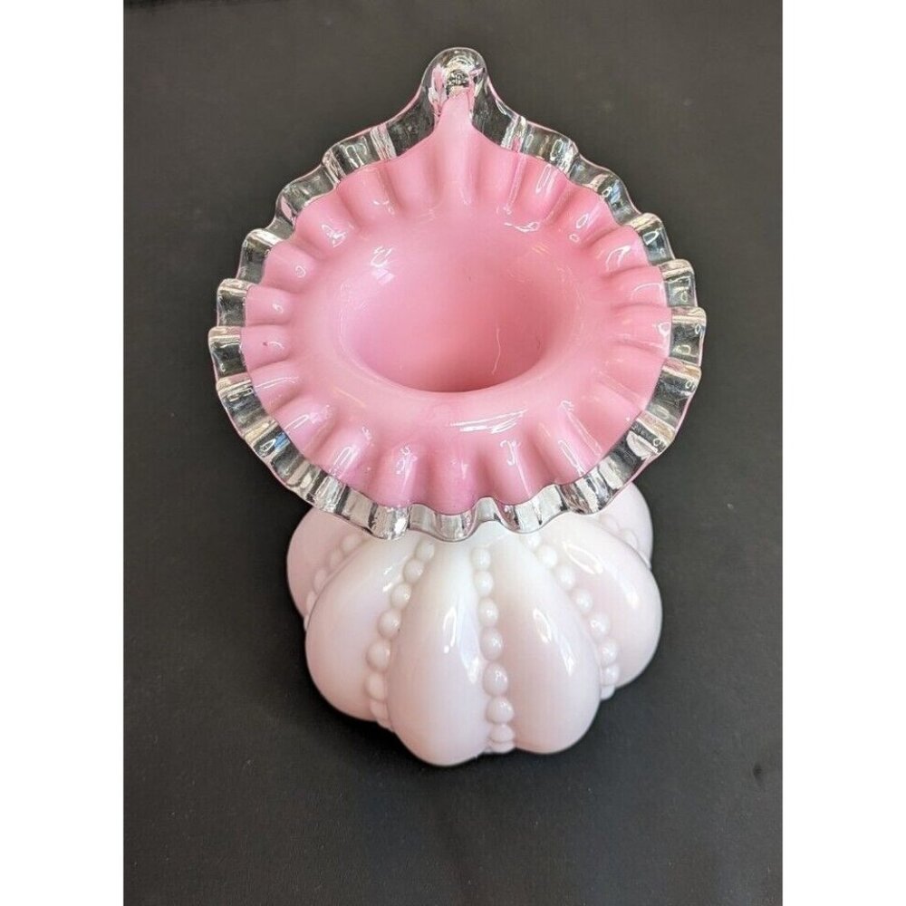 Fenton Pink Vase White Cased Glass Jack In The Pulpit Beaded Vase 7 inch